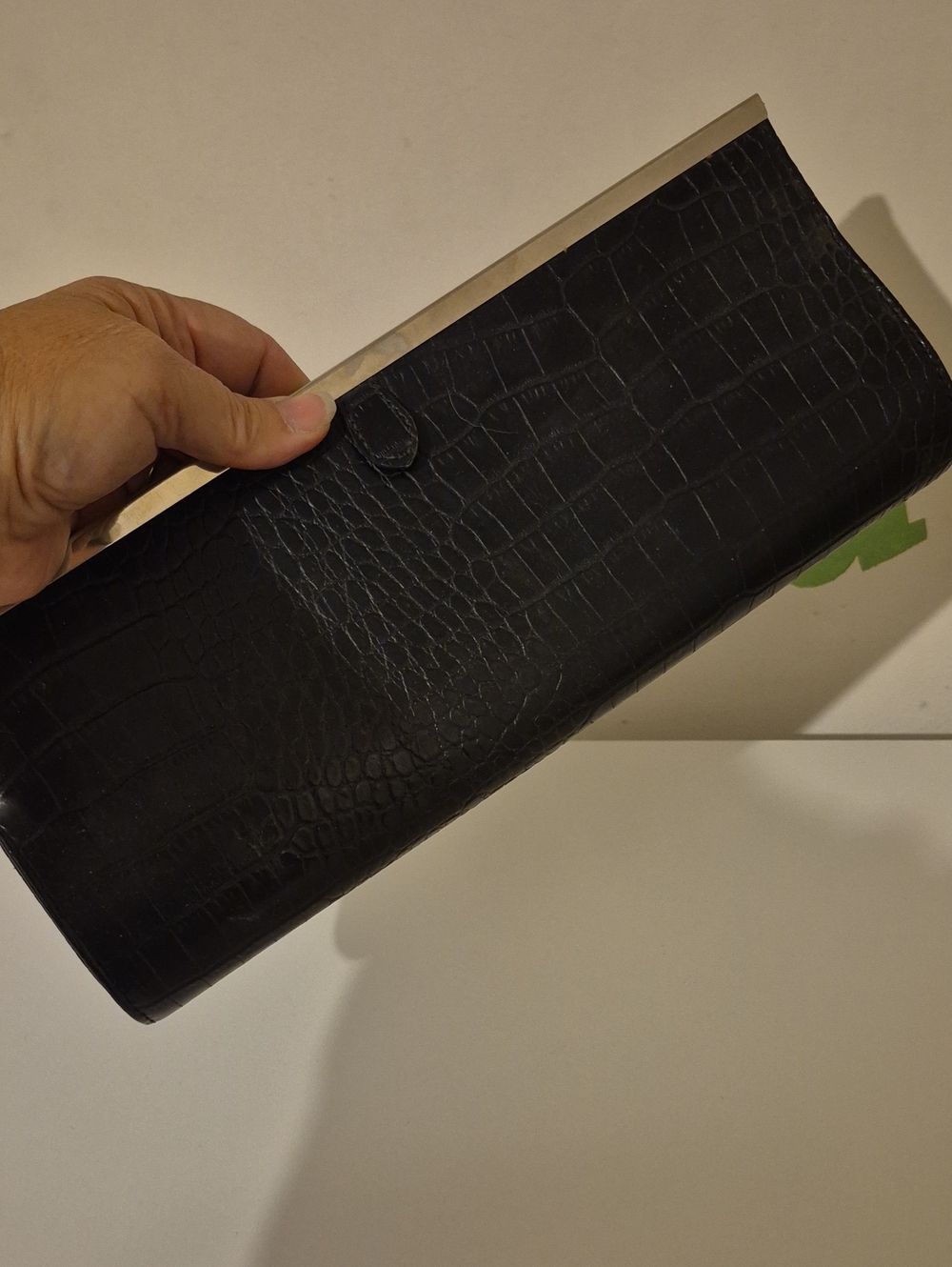 Aldo Black Croc-Embossed Clutch with Silver Frame